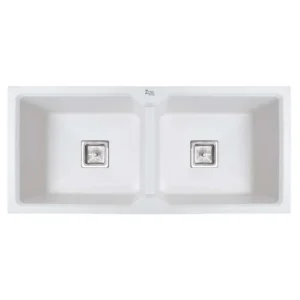 Kitchen Sink Quartz Mystic White Square Double Bowl Sink 45 X 20 X 9 By Zoie®